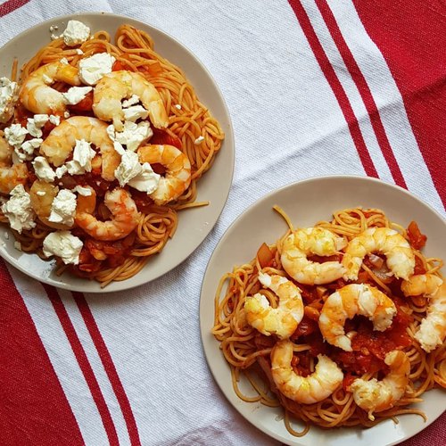 Spaghettis Crevettes et Fêta
