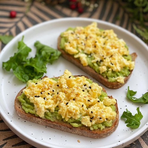 Avocado toast et œufs brouillés