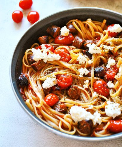 Spaghettis crémeuses tomate merguez ricotta