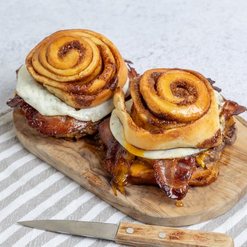 Cinnamon Roll Smashed Breakfast Burger