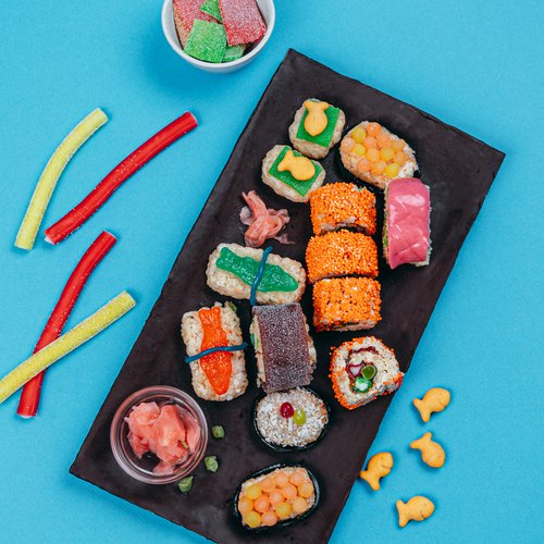 Candy Sushi: A tray of colorful candy shaped like sushi.