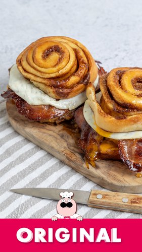 Cinnamon Roll Smashed Breakfast Burger